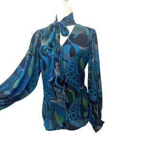 Chico's Peacock Satin Tie Neck Blouse Ladies Size Small Large Sleeves Colorful